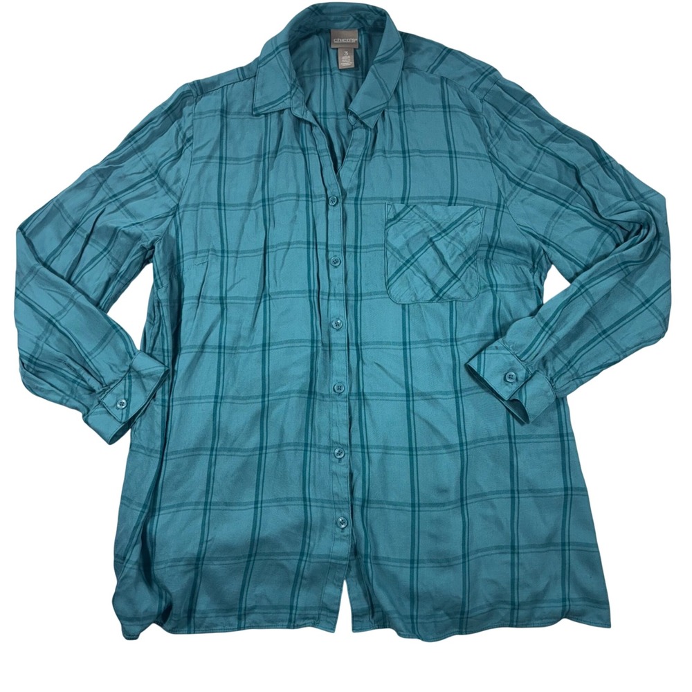 Chico's Women's‎ Plaid Button Down Long Sleeve Top Blouse Teal Size 3